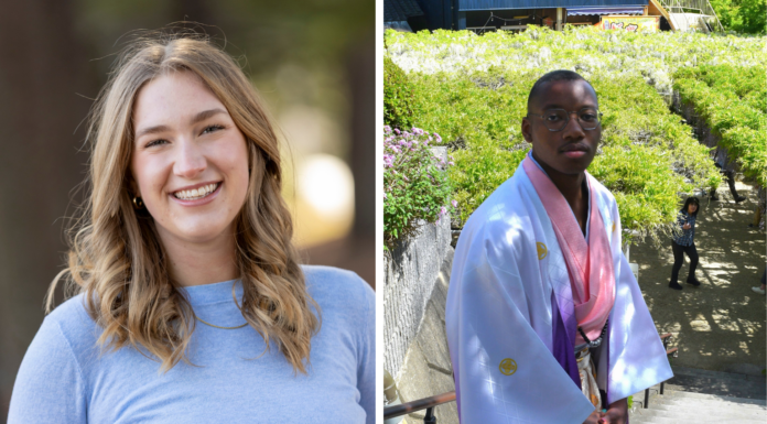 Senior and alumnus selected for prestigious Fulbright Awards A woman smiles outdoors on the left; a man in traditional clothing stands on stairs outdoors on the right.