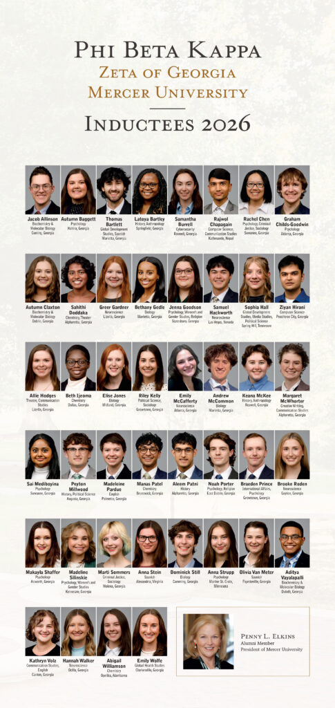 Portraits of Phi Beta Kappa Mercer University Zeta of Georgia inductees 2026, arranged in rows with names and titles.