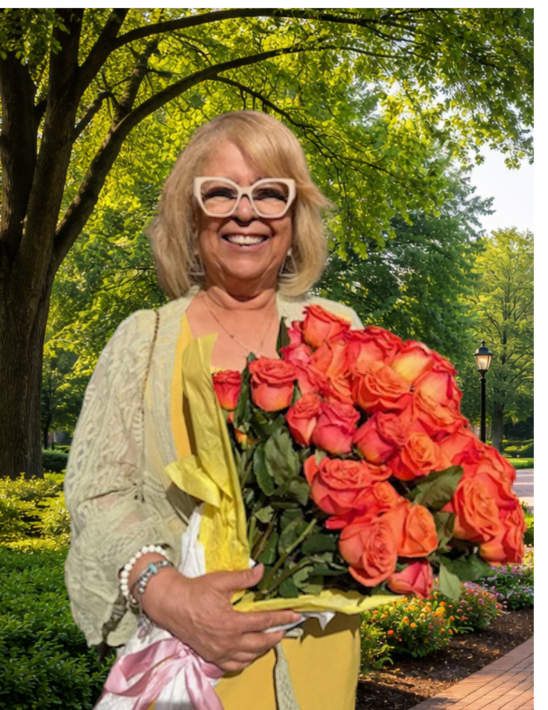 Smiling woman with light hair and glasses holds a large bouquet of orange roses in a park on a sunny day.