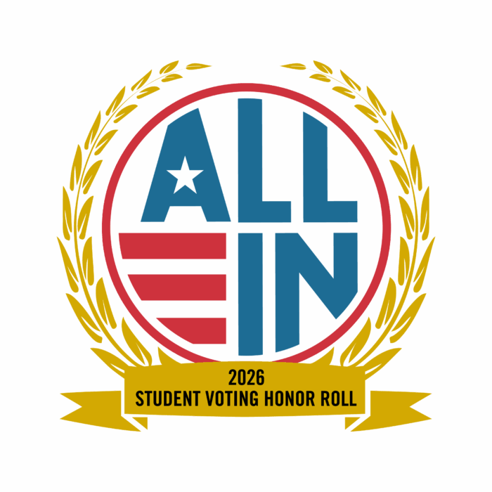 A circular badge with ALL IN text, laurel border, and a ribbon reading 2026 Student Voting Honor Roll.