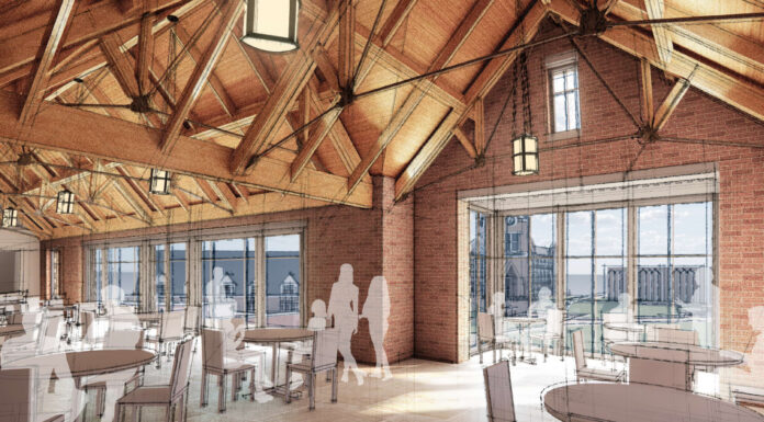 Building for BEARS: New student center to elevate Mercer’s Macon campus Architectural rendering of a dining hall with wooden beams, brick walls, large windows, and round tables with chairs.