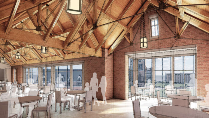 Architectural rendering of a dining hall with wooden beams, brick walls, large windows, and round tables with chairs.