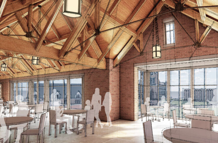 Architectural rendering of a dining hall with wooden beams, brick walls, large windows, and round tables with chairs.