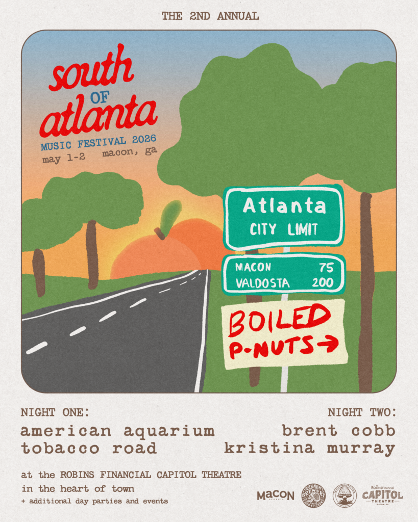 Poster for the 2nd Annual South of Atlanta Music Festival with road signs and event details for May 1-2, 2026, in Macon, GA.