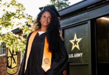 Graduate Spotlight: Beyoncé Francis Beyoncé Francis in a graduation gown and cap stands in front of a U.S. Army sign.