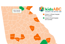 MUSM, GRHIC select rural hospitals for year four of KidsABC Program Map of Georgia showing rural hospital ED counties in two cohorts, highlighted in orange and green, with hospitals labeled.