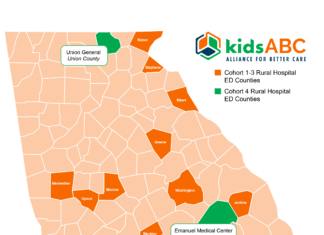 MUSM, GRHIC select rural hospitals for year four of KidsABC Program Map of Georgia showing rural hospital ED counties in two cohorts, highlighted in orange and green, with hospitals labeled.