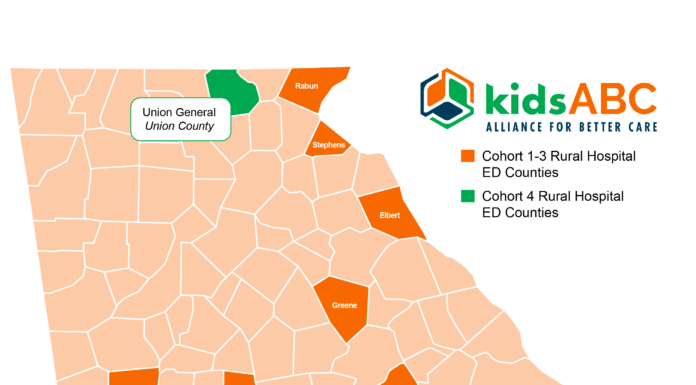 MUSM, GRHIC select rural hospitals for year four of KidsABC Program Map of Georgia showing rural hospital ED counties in two cohorts, highlighted in orange and green, with hospitals labeled.