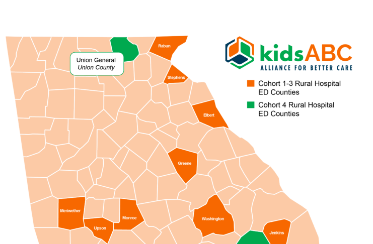 Map of Georgia showing rural hospital ED counties in two cohorts, highlighted in orange and green, with hospitals labeled.