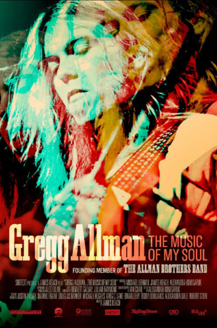 Untitled design - 1 Poster for Gregg Allman: The Music of My Soul featuring a multicolored image of Gregg Allman playing guitar.