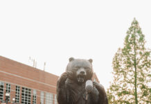 Graduate Spotlight: Pariss Nicholson Pariss Nicholson in cap and gown poses playfully with a microphone in front of the bear statue at Mercer.