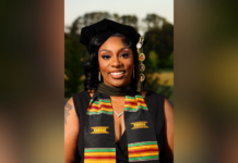 ‘No dream is too big’: Mercer student perseveres to earn Pharm.D. degree A woman in graduation attire with a kente stole smiles outdoors with trees in the background.