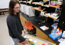 Mercer professors develop international standard for detecting lead in new paint Person in safety glasses uses a handheld device to scan paint samples on a cart in a laboratory setting.