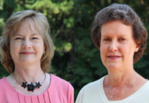 Mercer College of Pharmacy bids farewell to 2 longtime faculty members Two women stand outdoors in front of greenery, both facing the camera and smiling slightly.