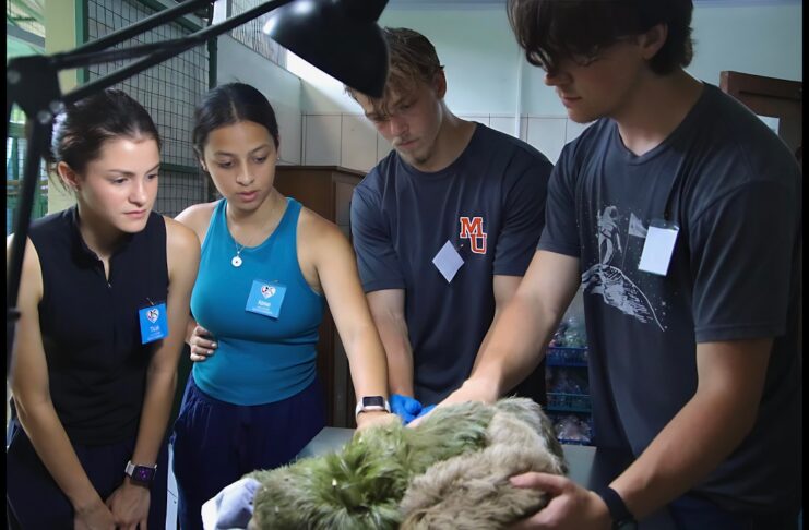 Four people examine a sloth lying on a table under a lamp.