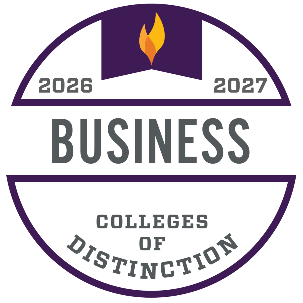 Circular badge reading Business Colleges of Distinction 2026-2027 with a small flame icon at the top.