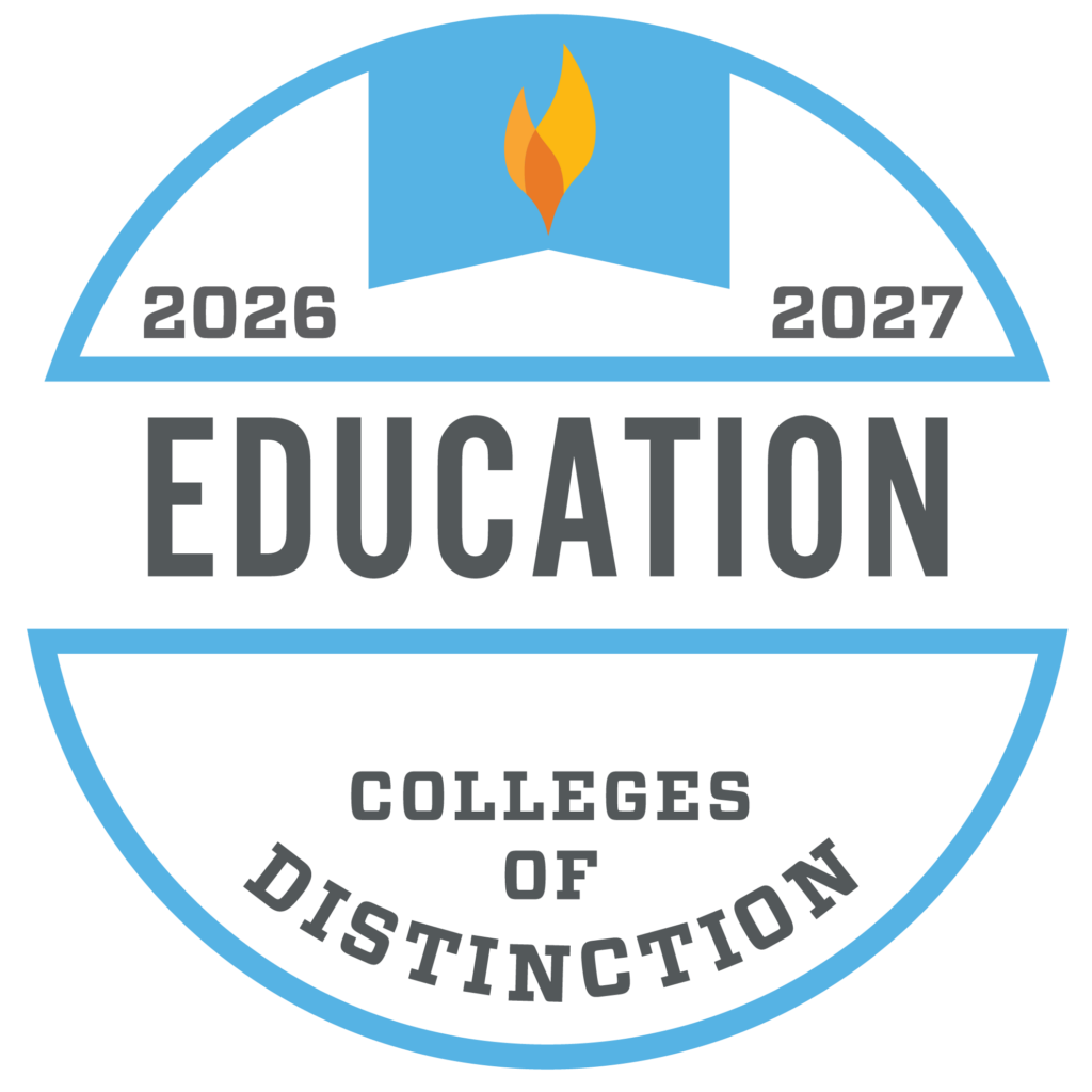 Round badge with blue border, flame icon, and text: 2026-2027 Education Colleges of Distinction.