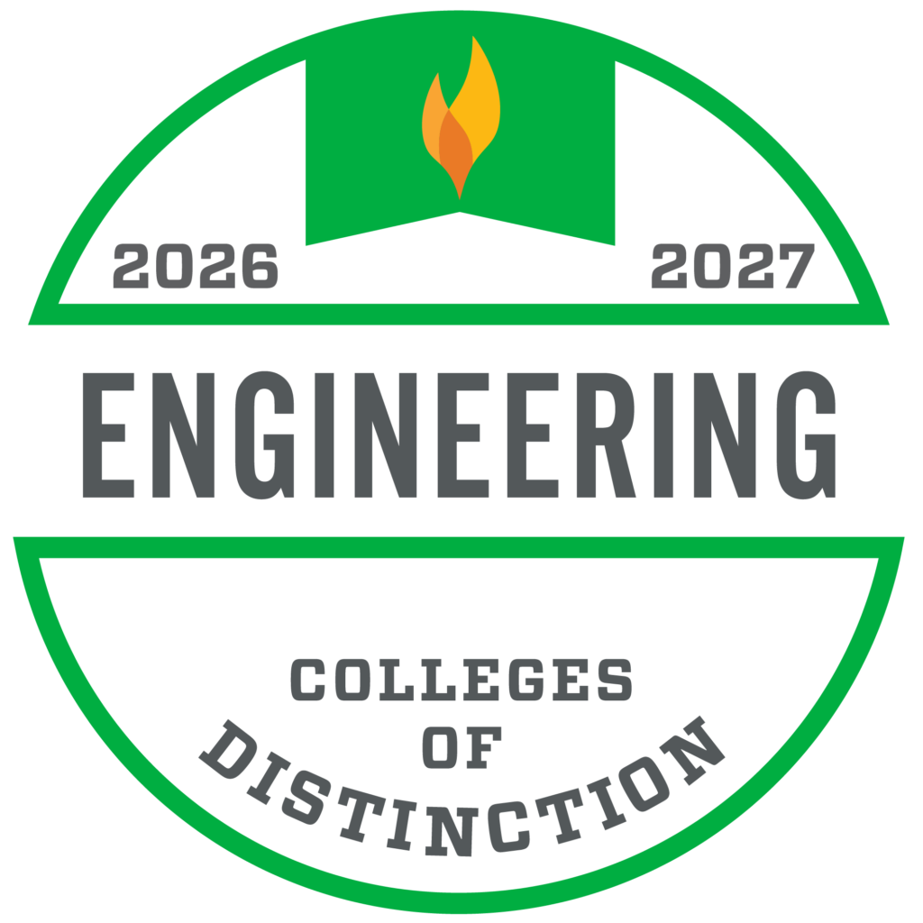 Round badge reading Engineering Colleges of Distinction 2026-2027 with a green banner and an orange flame icon.