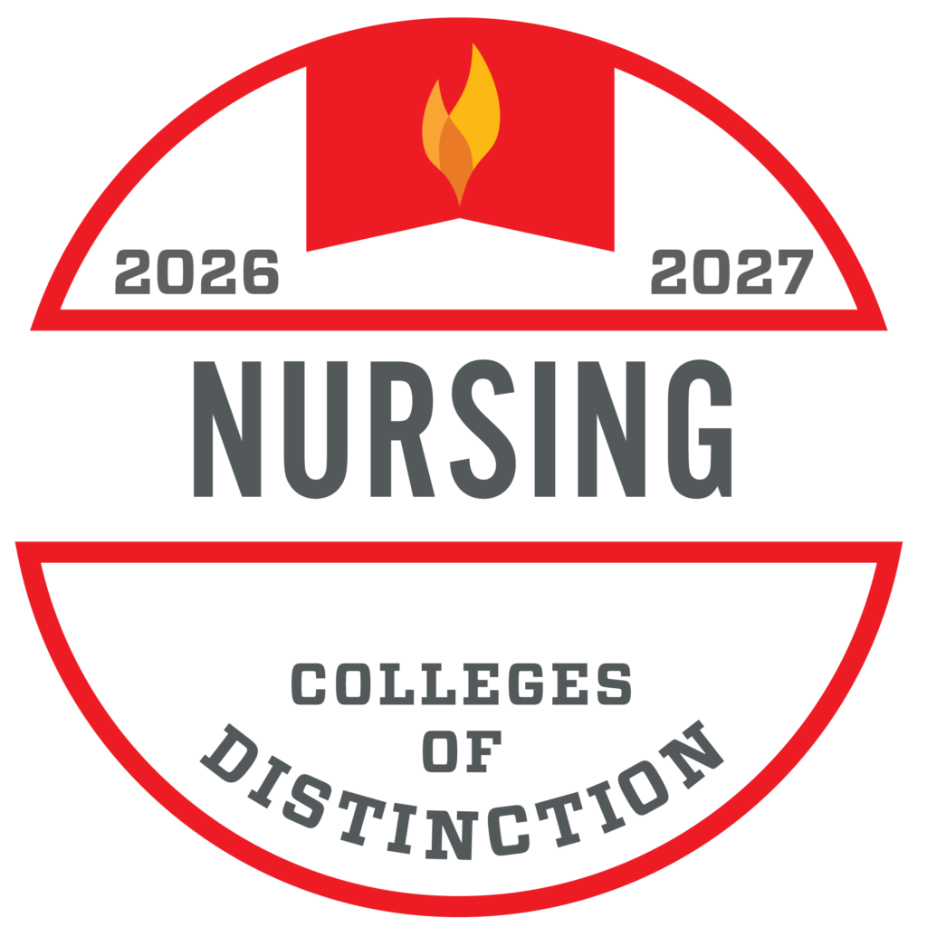 Badge with Nursing 2026 2027 Colleges of Distinction and a red flame symbol at the top.