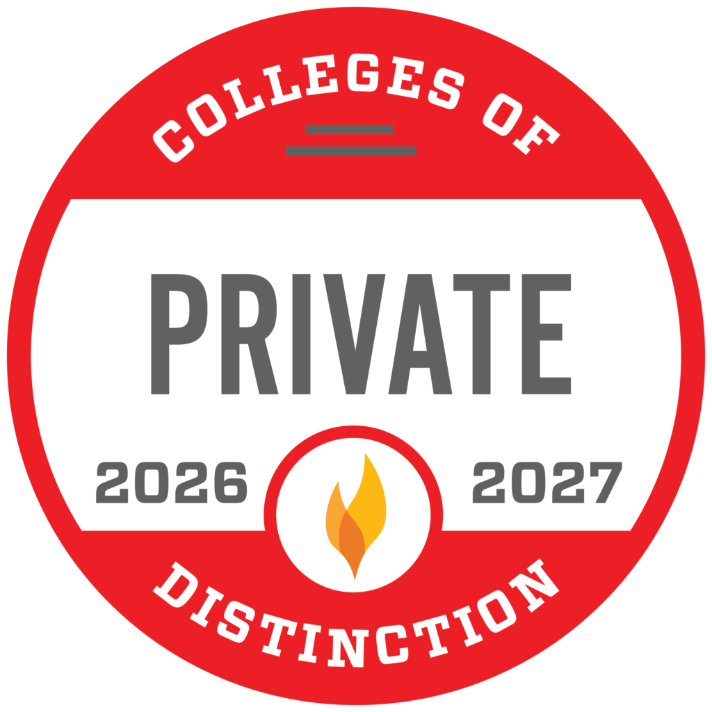 Red and white badge reads Colleges of Distinction, Private, 2026-2027 with a flame icon at the bottom.