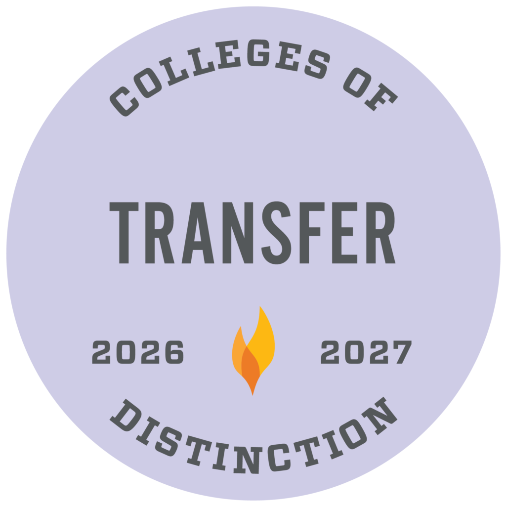 Round badge with the text Colleges of Distinction Transfer 2026 2027 and a small orange flame icon in the center.