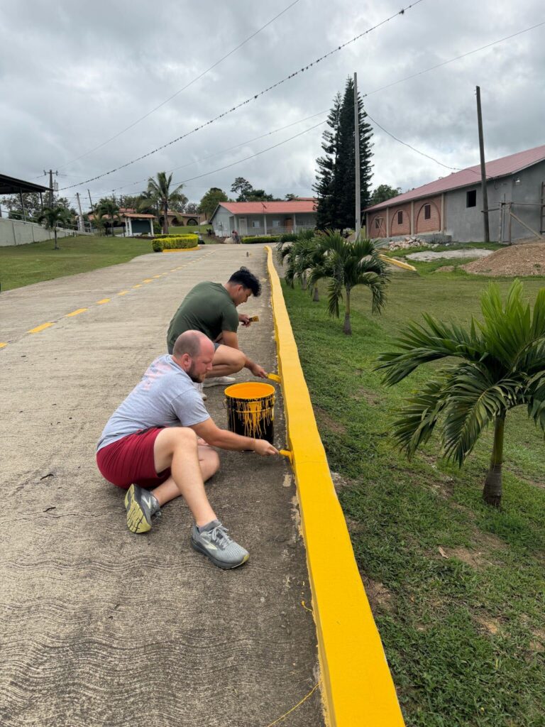 Two people kneel on a sidewalk, painting a yellow line along the edge next to grass and small palm trees.