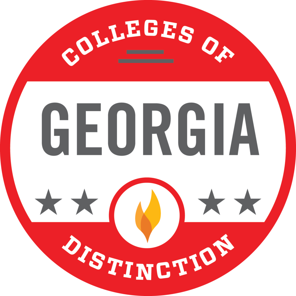 Red and white badge with Colleges of Distinction Georgia and a flame icon in the center, surrounded by stars.