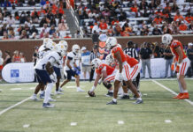 4 things to know about Mercer vs. East Texas A&M football game day: Aug. 29, 2026 Two college football teams line up at the line of scrimmage during a daytime game, with fans watching in the stands.