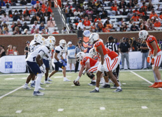 4 things to know about Mercer vs. East Texas A&M football game day: Aug. 29, 2026 Two college football teams line up at the line of scrimmage during a daytime game, with fans watching in the stands.