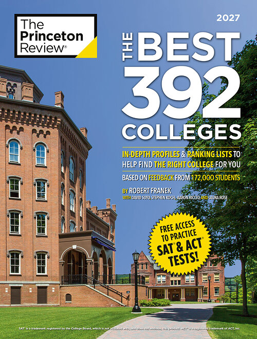The Princeton Review 2027 book cover titled The Best 392 Colleges with a brick campus building and blue sky.