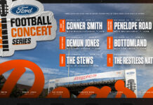 Mercer announces lineup for 2026 Ford Football Concert Series Ford Football Concert Series poster with band lineup, dates, and times, plus a stadium image at the bottom center.