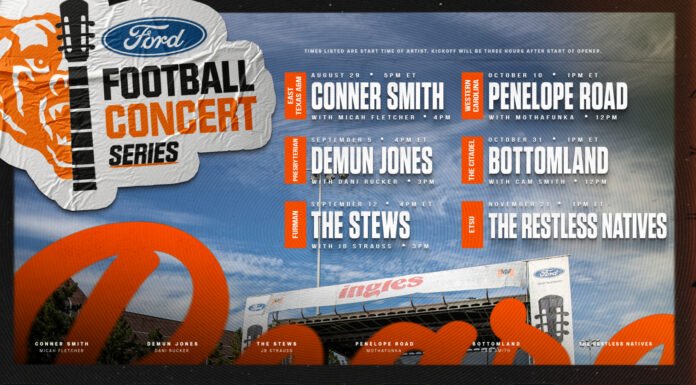 Mercer announces lineup for 2026 Ford Football Concert Series Ford Football Concert Series poster with band lineup, dates, and times, plus a stage image at the bottom center.