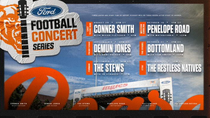 Website Ford Football Concert Series poster with band lineup, dates, and times, plus a stadium image at the bottom center.