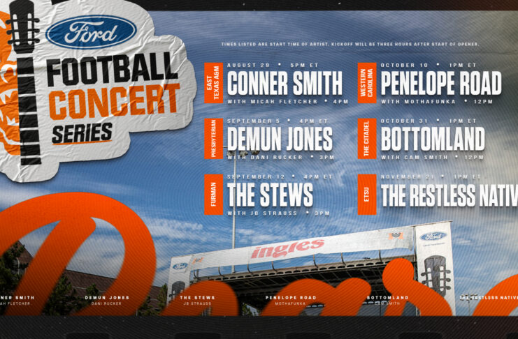 Ford Football Concert Series poster with band lineup, dates, and times, plus a stage image at the bottom center.