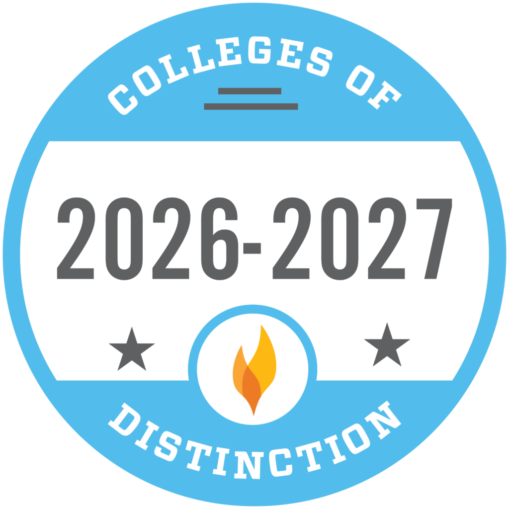 Blue and white badge with Colleges of Distinction 2026-2027 and a flame icon in the center.