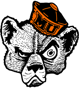Drawing of an angry bear wearing a cap with the letters MU on the front.