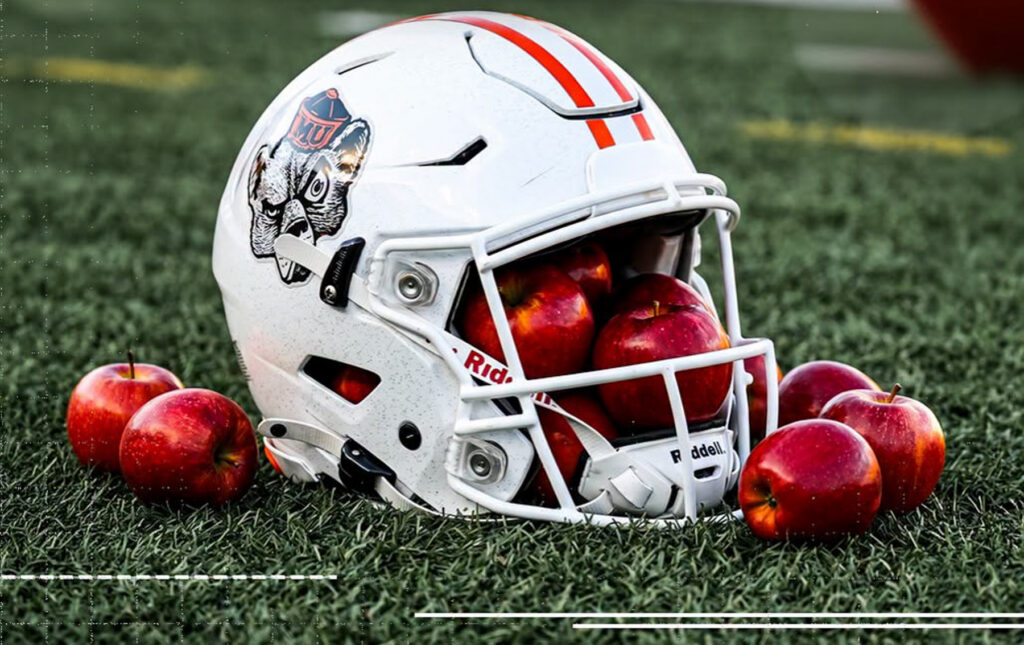 A white football helmet filled with red apples sits on a green field, with more apples scattered around it.