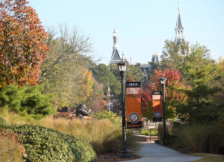 Mercer rises in nation’s top university rankings by U.S. News & World Report Tree-lined campus walkway with lampposts, banners, and distant view of historic building with towers on a sunny day.