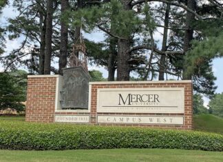 Faculty and Staff Notables | October 2026 Mercer University Campus West entrance sign with brick base, greenery, and trees in the background.