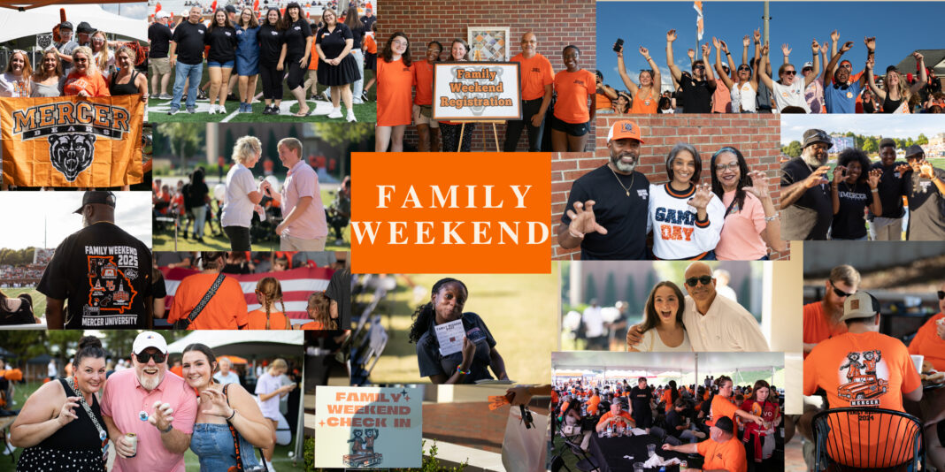 Collage of people at a university family weekend event, featuring group photos, signs, and outdoor activities.