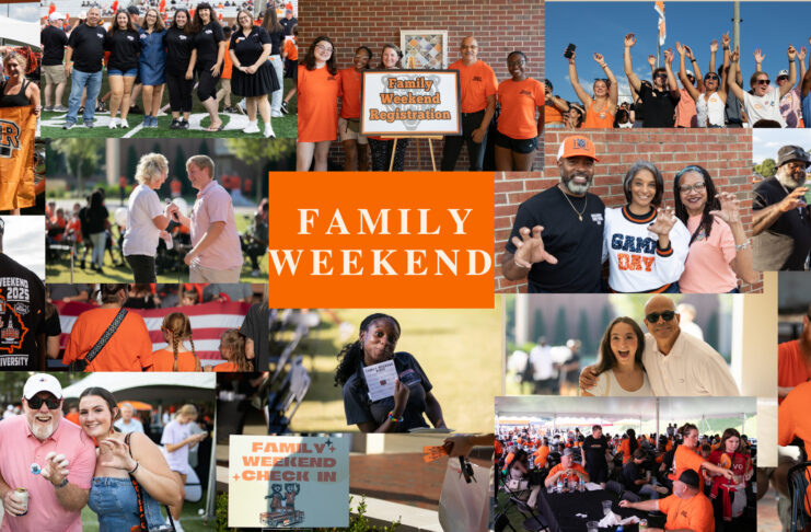 Collage of people at a university family weekend event, featuring group photos, signs, and outdoor activities.