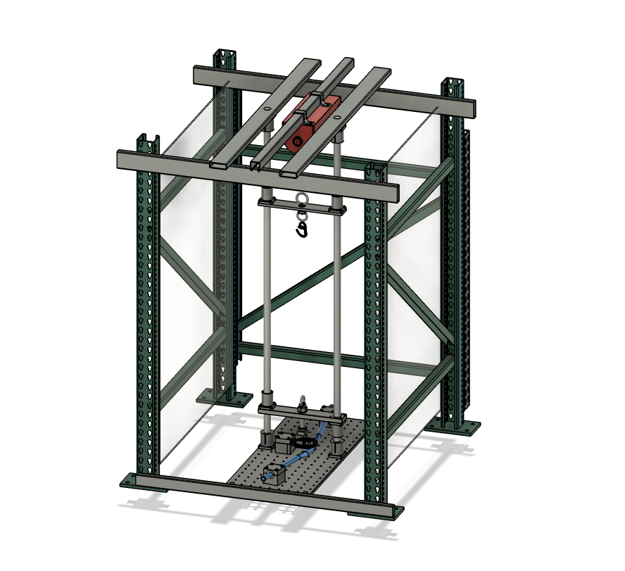 Metal frame structure with a rail-mounted hoist and lifting hook, supported by vertical and horizontal beams.