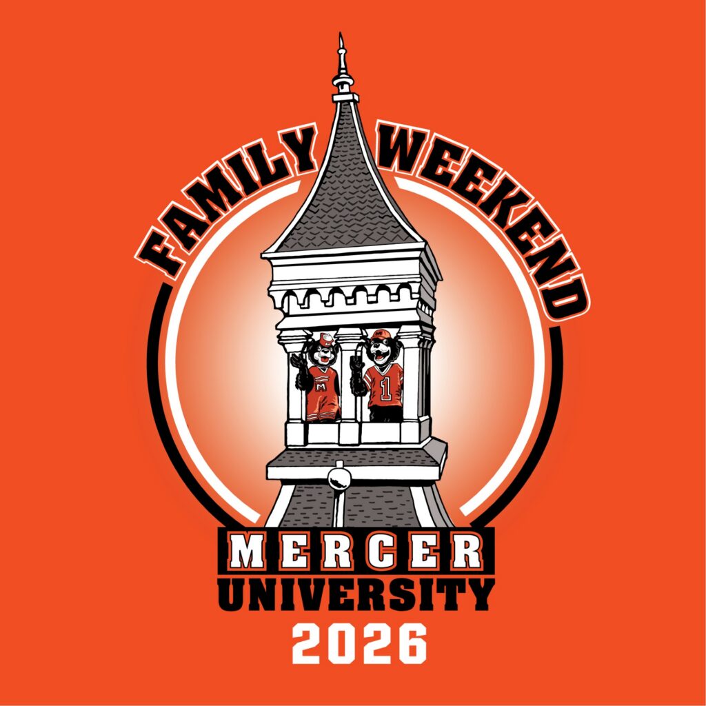 Two mascots stand in a campus tower with Family Weekend Mercer University 2026 text on an orange background.