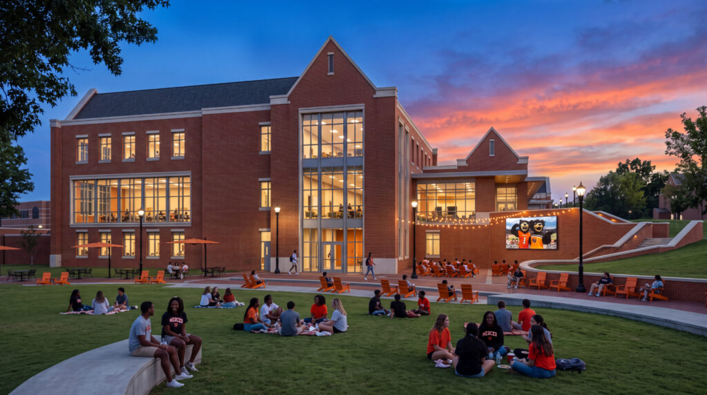An artist rendering shows students gathering on a grassy plaza in front of a brick building in the evening with string lights and a movie screen.