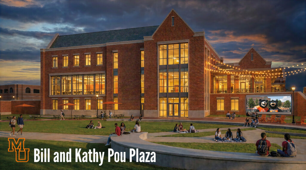 An artist rendering shows students gathering on a grassy plaza in front of a brick building in the evening with string lights and a movie screen.