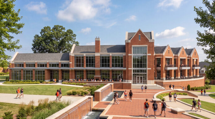 Mercer University reveals first look at new student life center Artist rendering of a large brick academic building with tall windows and landscaped paths on a sunny day.