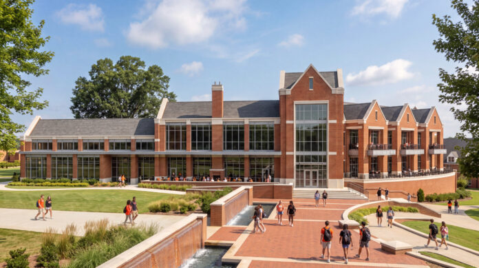 Tower View DD Day Artist rendering of a large brick academic building with tall windows and landscaped paths on a sunny day.