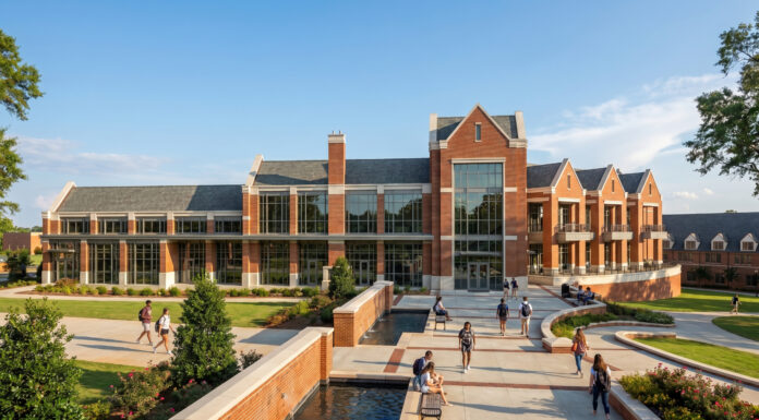 Mercer University reveals first look at new student life center Artist rendering of a large brick academic building with tall windows and landscaped paths on a sunny day.