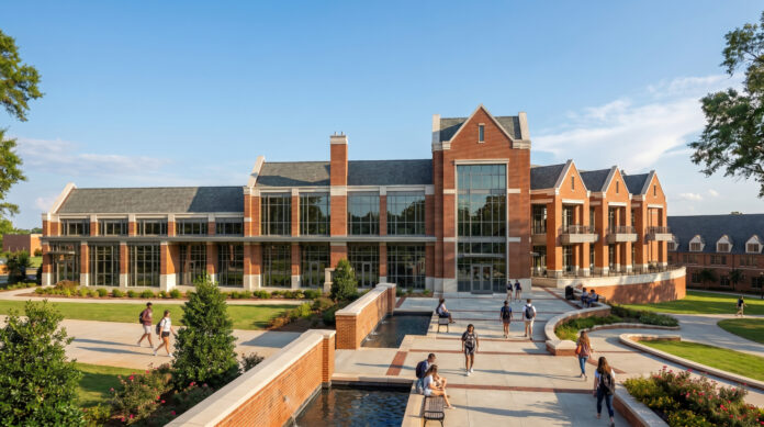 Artist rendering of a large brick academic building with tall windows and landscaped paths on a sunny day.
