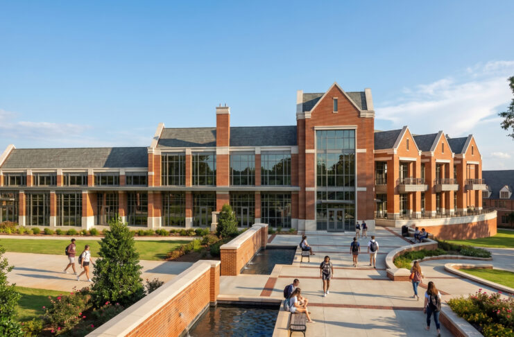 Artist rendering of a large brick academic building with tall windows and landscaped paths on a sunny day.